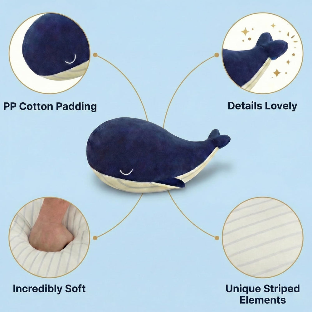 MUPI Whale plush pillow blue 23-inch, soft cuddle for bedtime
