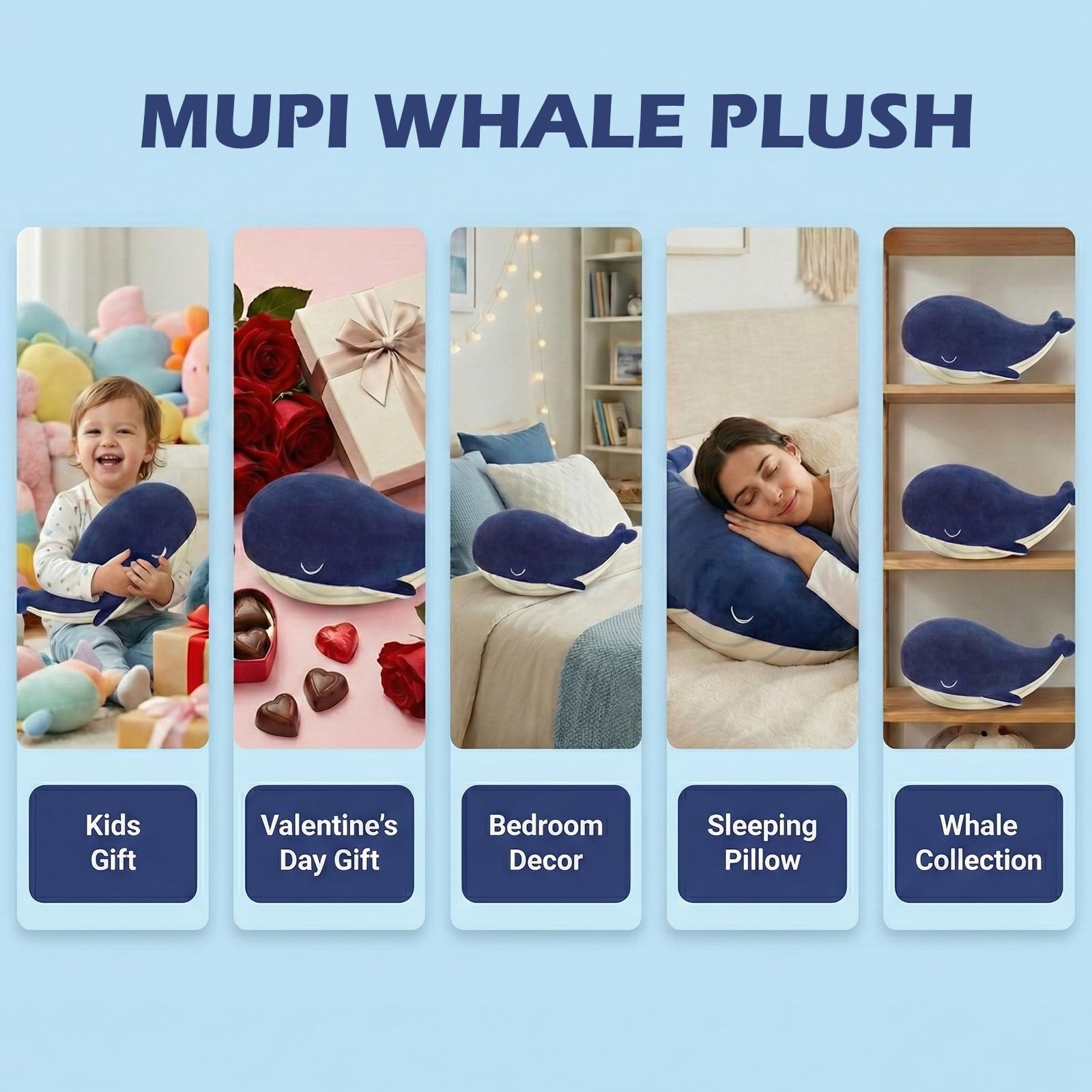MUPI Whale plush pillow blue 33-inch, a gentle decorative accent