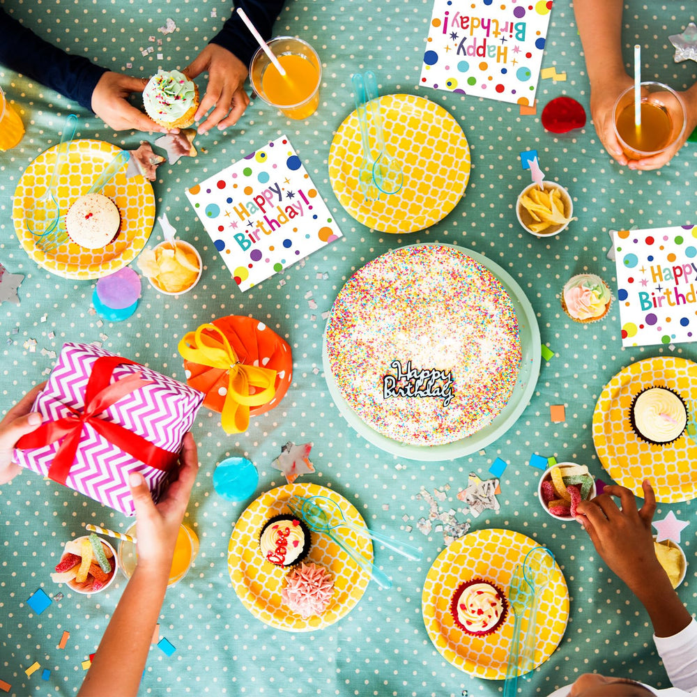 Muplaya birthday napkins group shot showcasing the colorfully designed pack