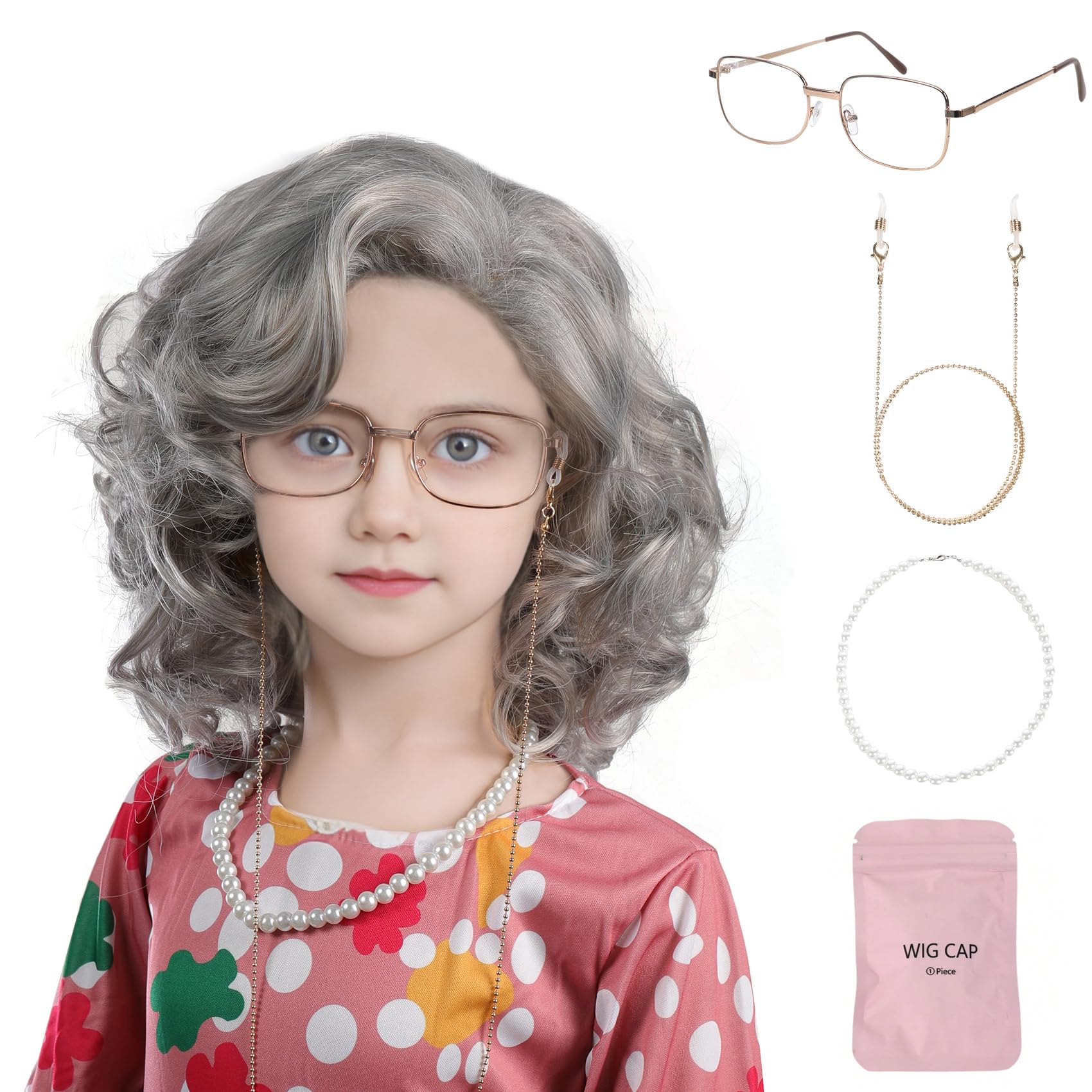 MUPUL old lady wig for kids with grey short curls for easy wear