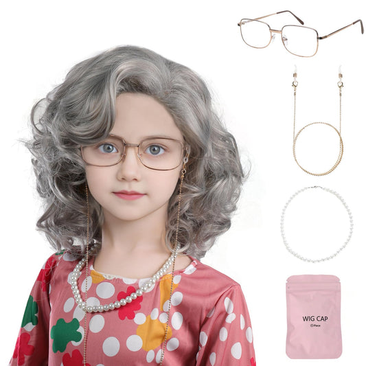 MUPUL old lady wig for kids with grey short curls for easy wear