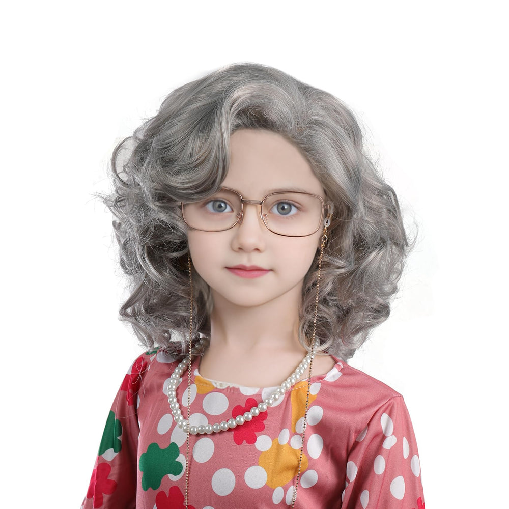 MUPUL old lady wig for kids with grandma glasses