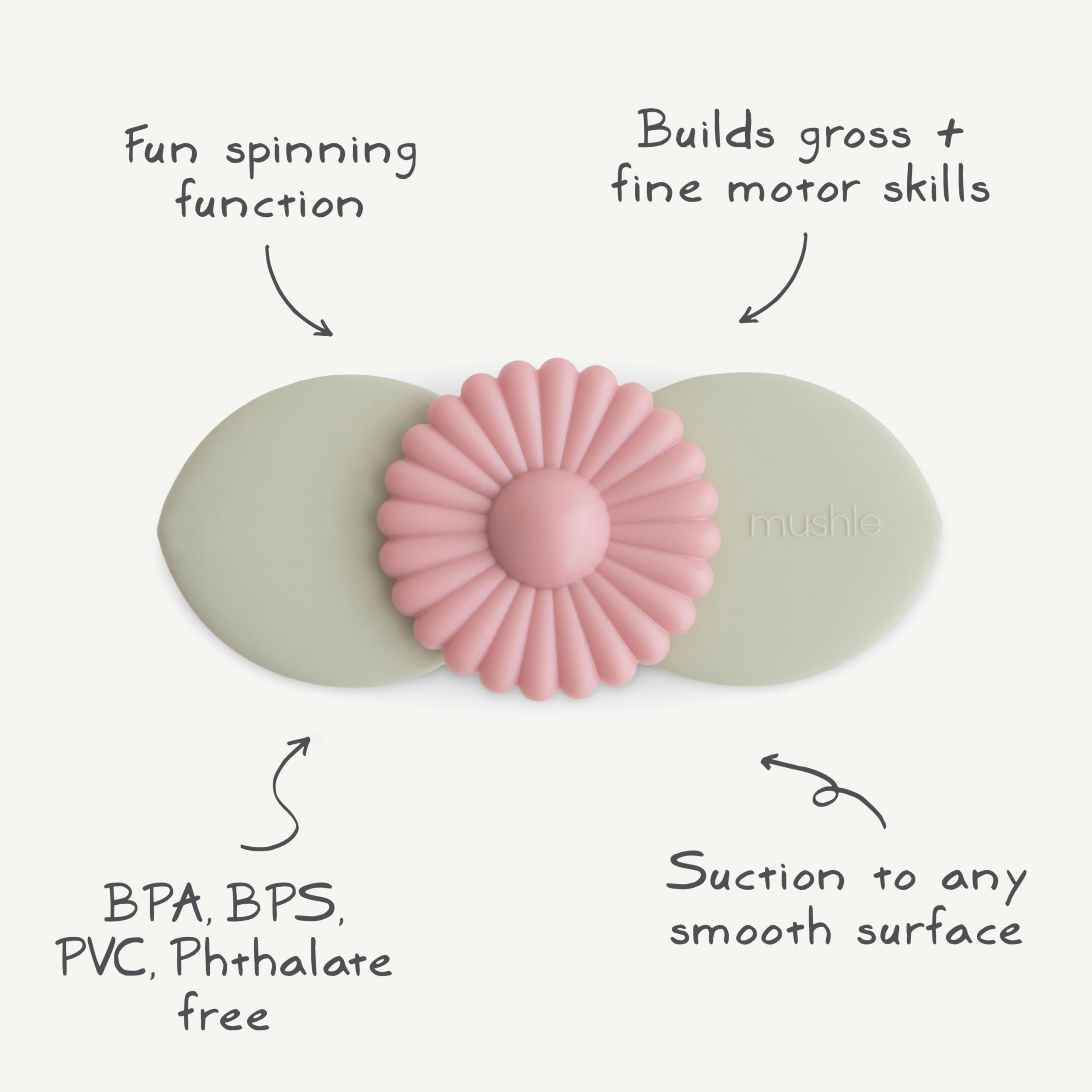 mushie Blossom suction spinner toy stored neatly for quick access