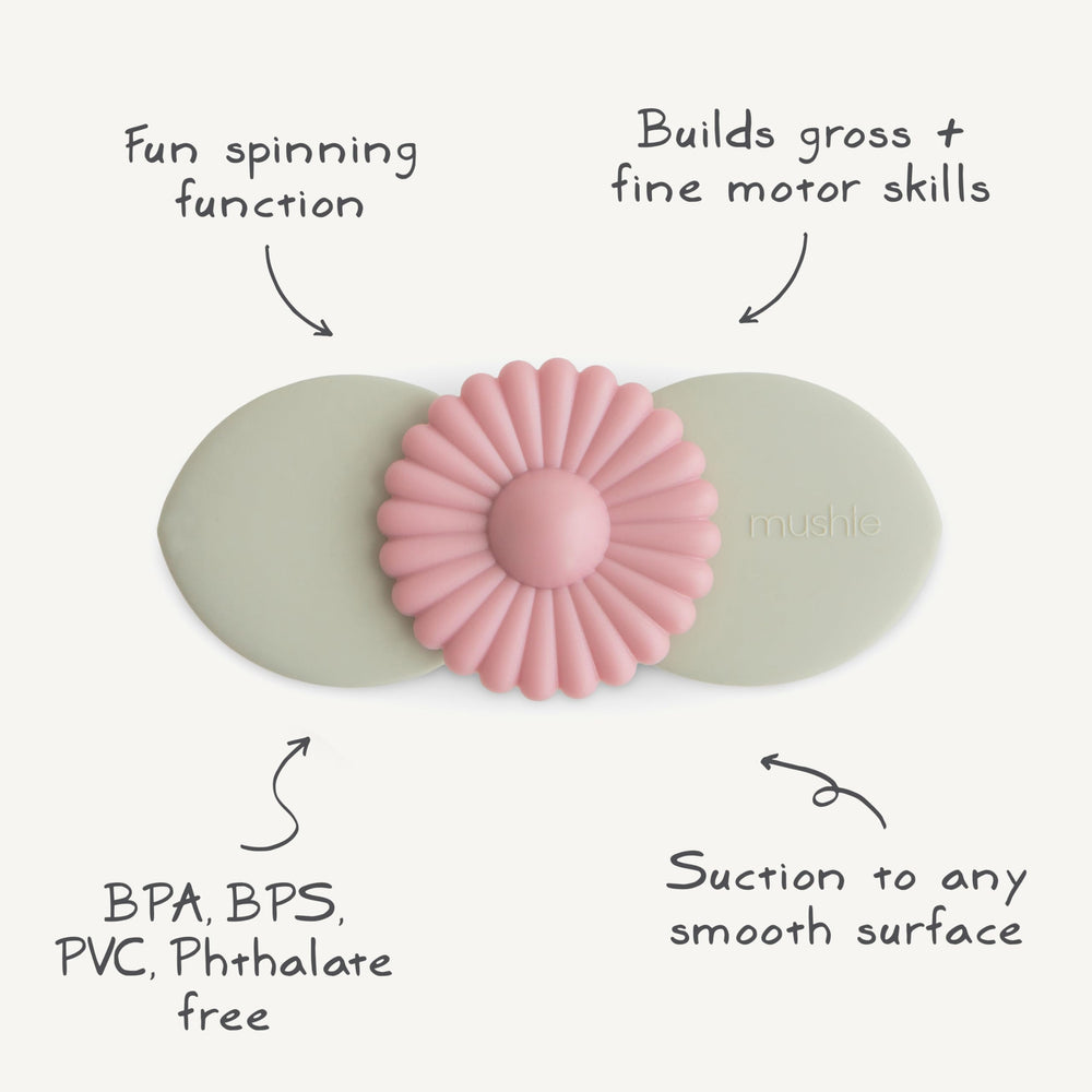 mushie Blossom suction spinner toy stored neatly for quick access