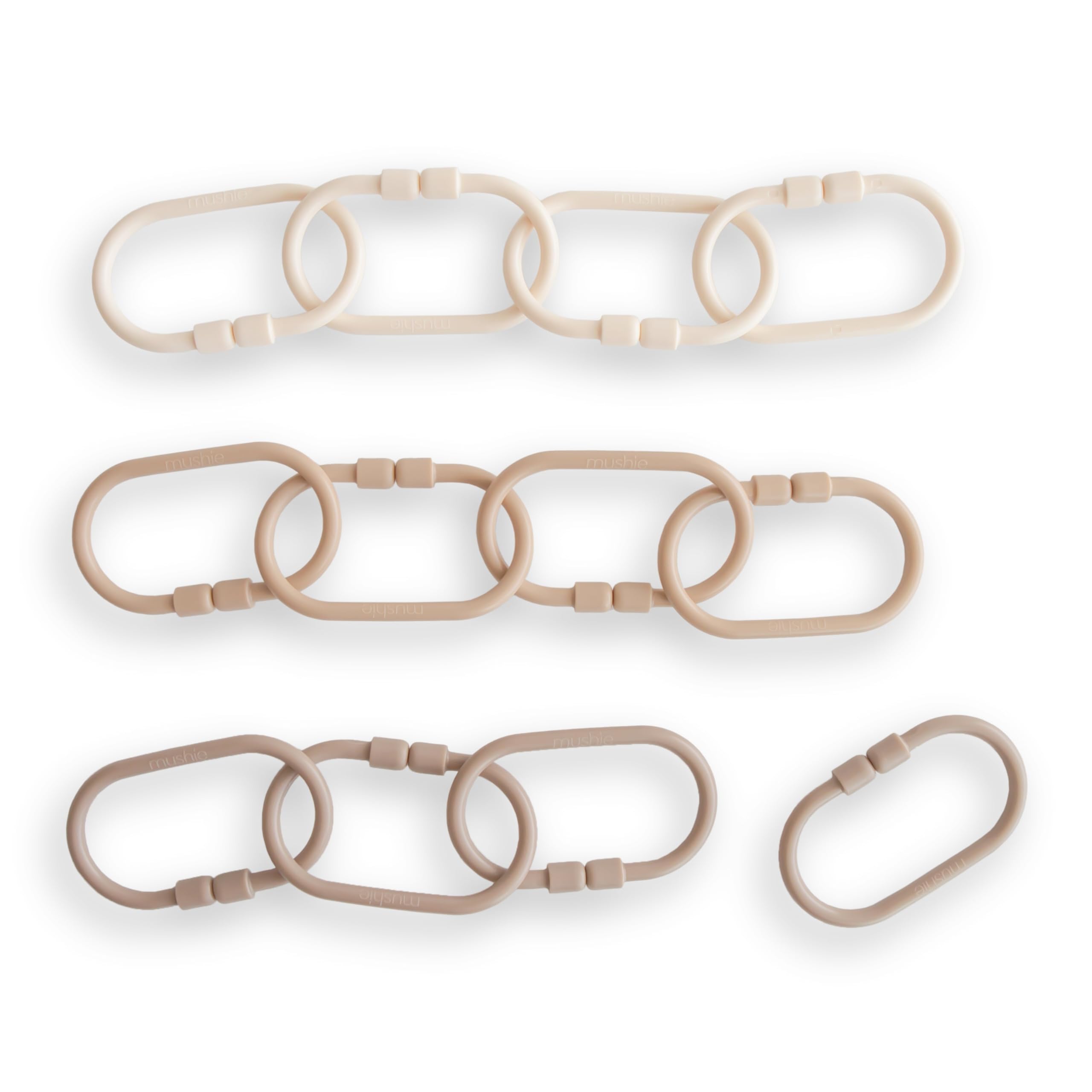 Mushie Chain Link Rings 12-pack in natural color helps keep toys within reach for babies.