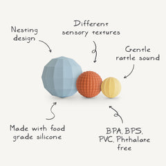 Mushie nesting spheres powder blue closeup textures promote fine motor exploration