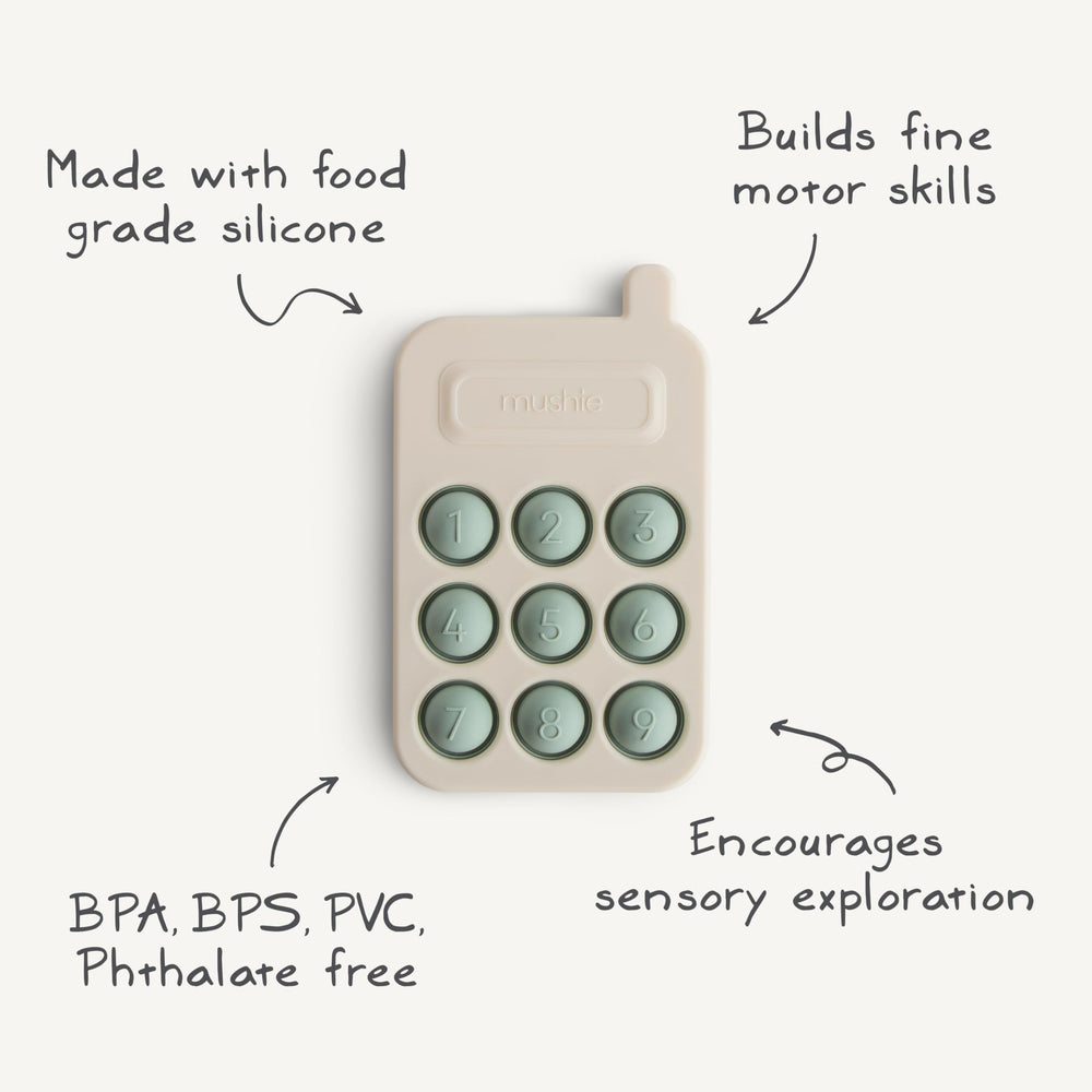Mushie Phone Press Toy Blush suitable for ages 10m+ in everyday play