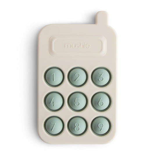 Mushie Phone Press Toy Cambridge Blue close-up bubbles for tactile play.