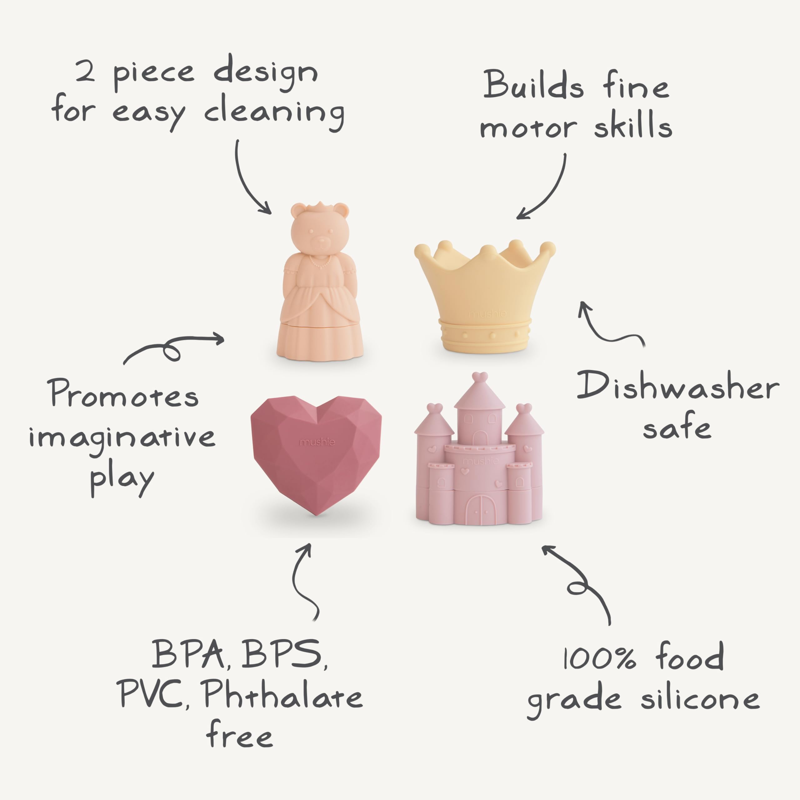 Mushie Princess bath toys rinse and dry quickly after use