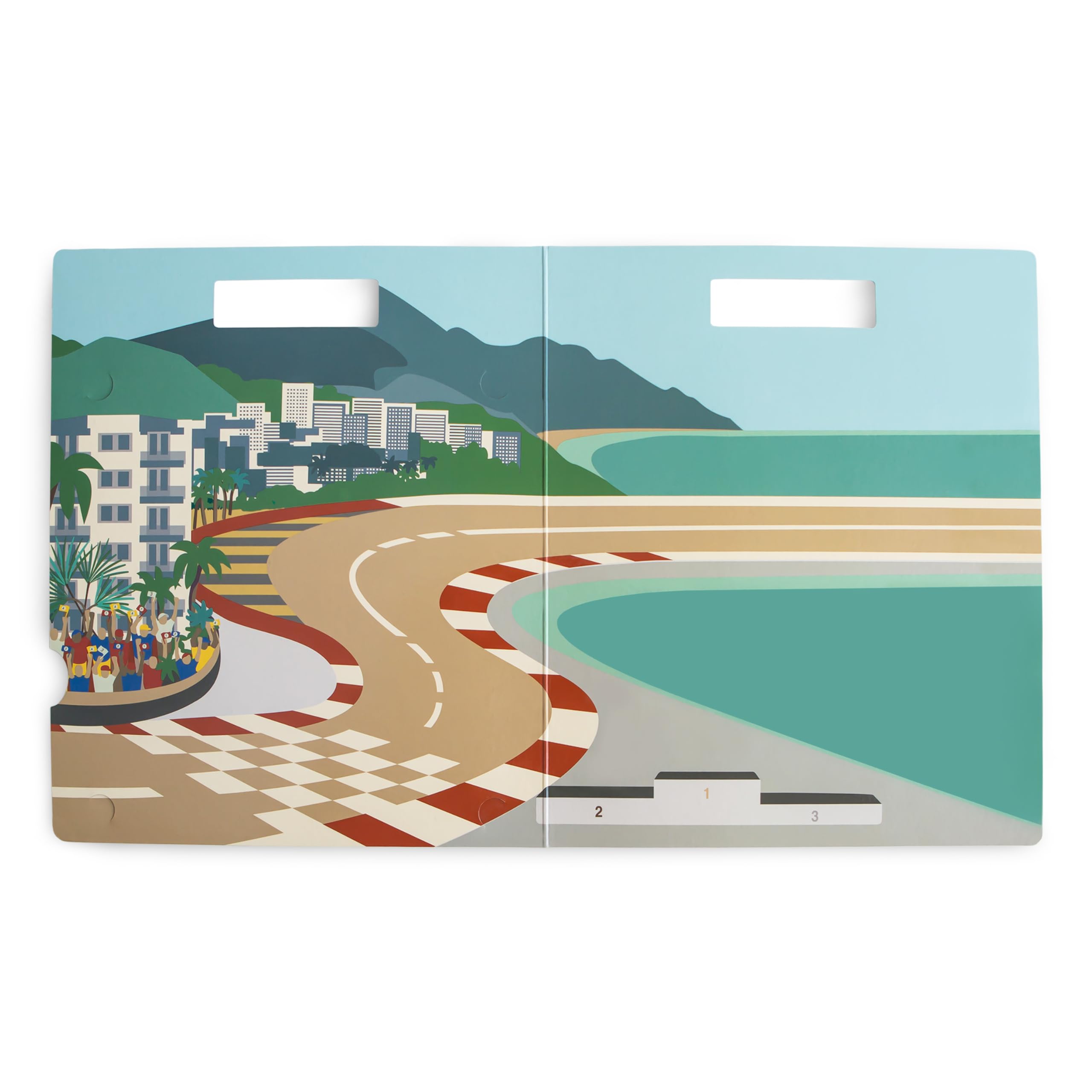 Inside pages of Mushie Race Cars sticker book with colorful scenes for creative storytelling