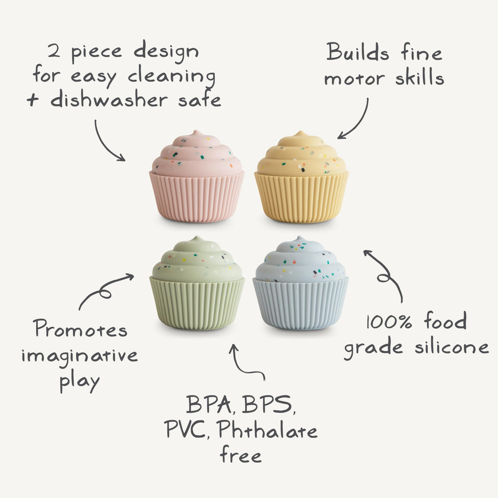 Mushie 4-pack silicone cupcakes built for durable, lasting use.
