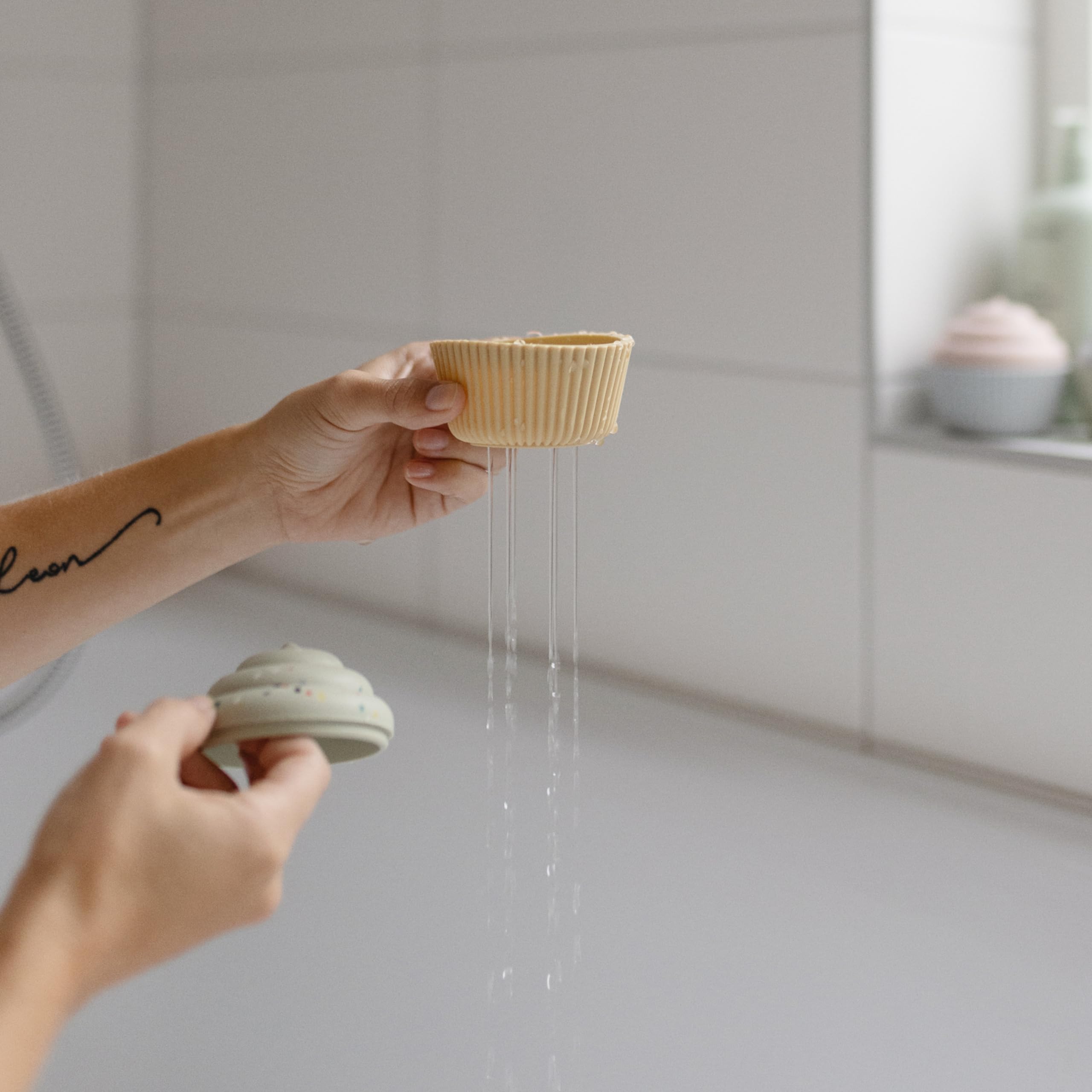 Mushie cupcake toy 4-pack with easy-clean surfaces for quick messes.