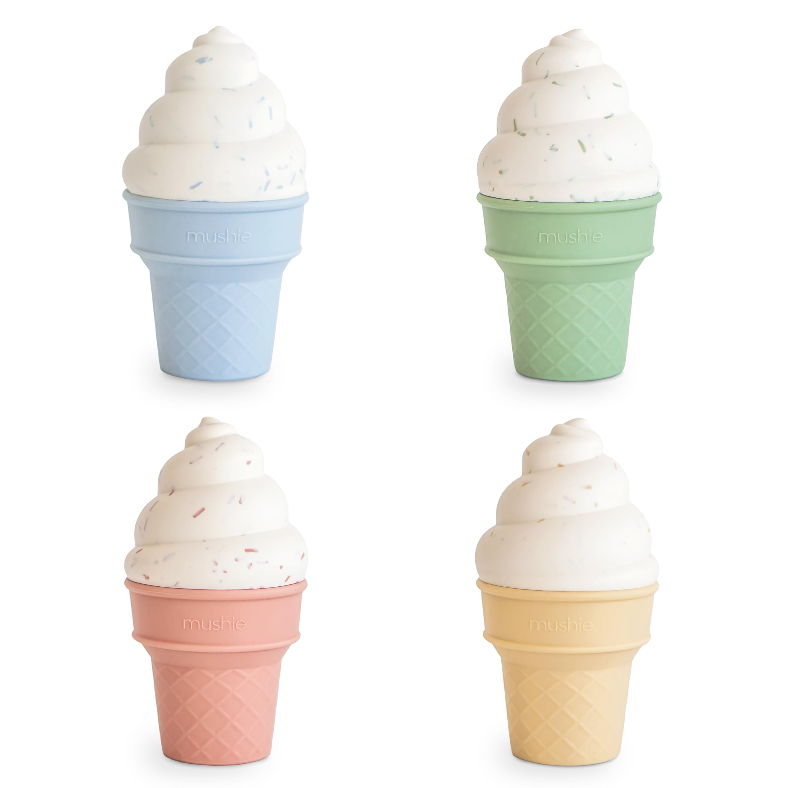 Mushie silicone mix and match ice cream toy closeup with vibrant colors for sensory play
