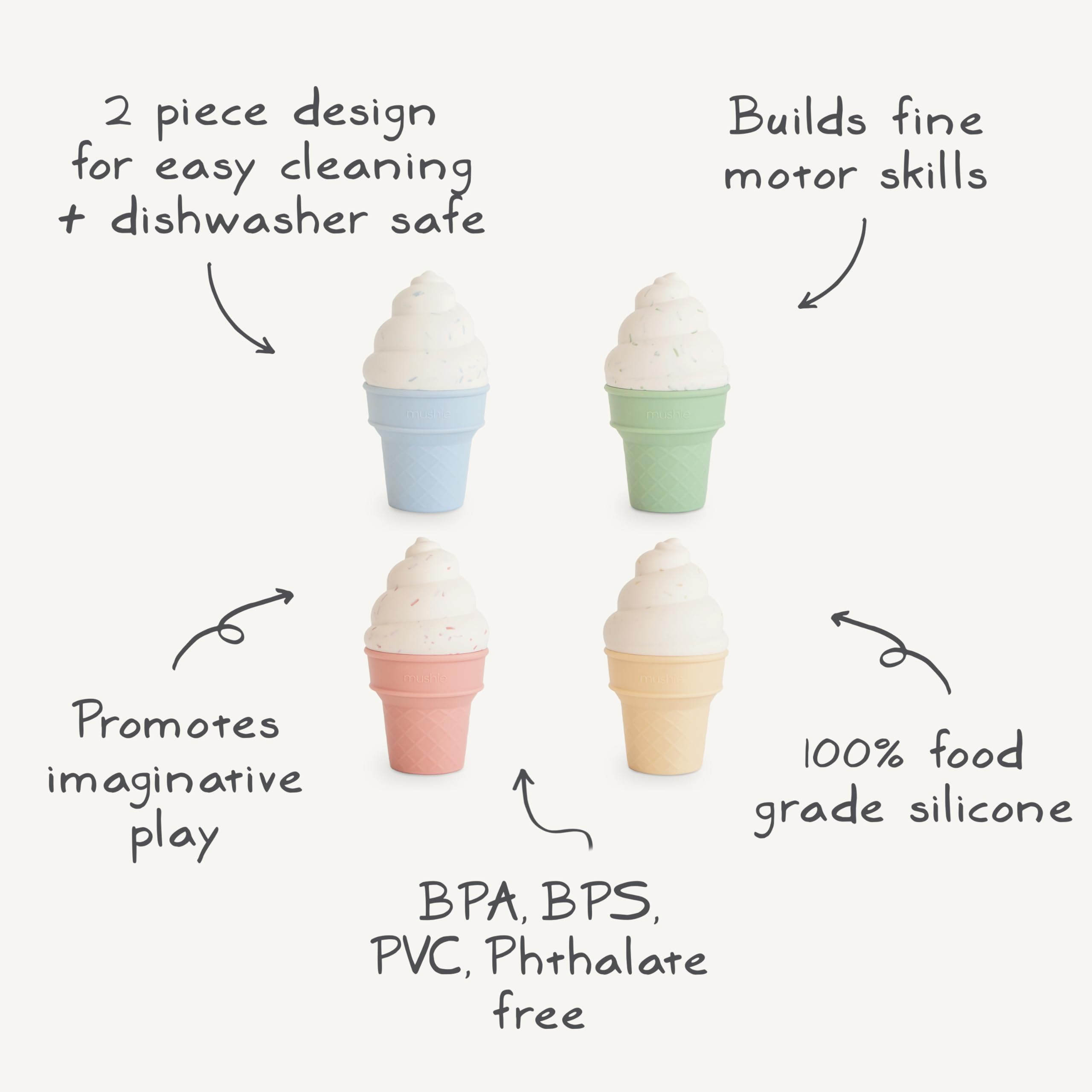 Mushie silicone mix and match ice cream toy four-pack bowls and scoops for pretend desserts