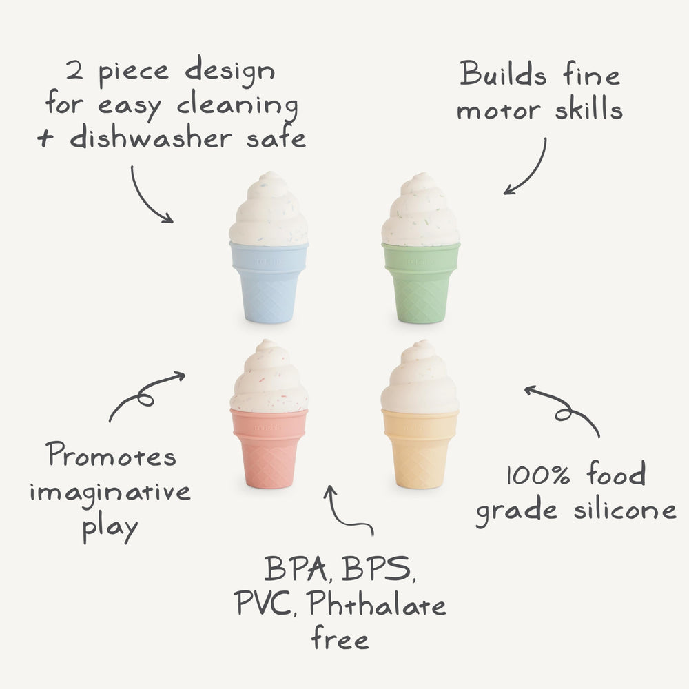 Mushie silicone mix and match ice cream toy four-pack bowls and scoops for pretend desserts