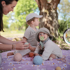 Mushie powder blue nesting spheres travel-friendly design for on-the-go play