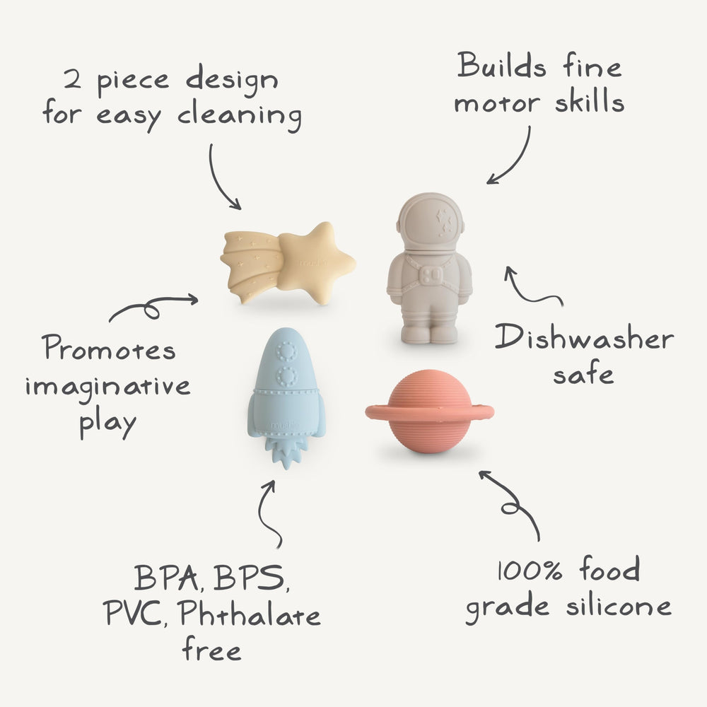 Mushie Space Bath Toy astronaut offers easy grip for little hands.