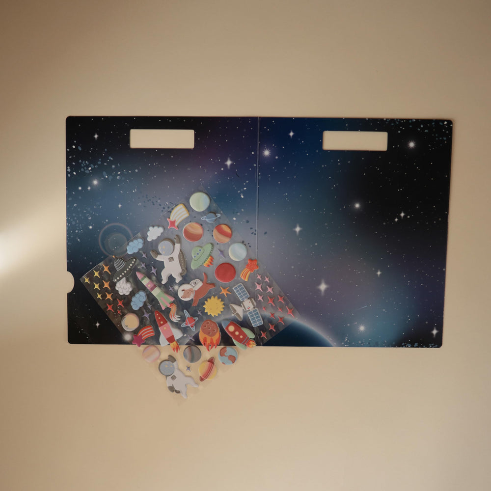 Mushie Space puffy stickers feature colorful designs perfect for layering.