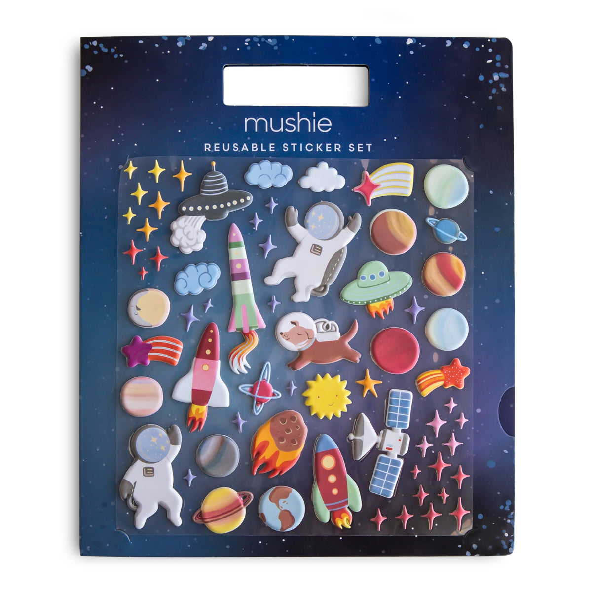 Mushie Space sticker book front cover invites imaginative play for kids.