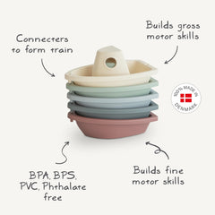 Mushie Stackable Bath Boats Ocean-3, vibrant colors spark tub time discovery