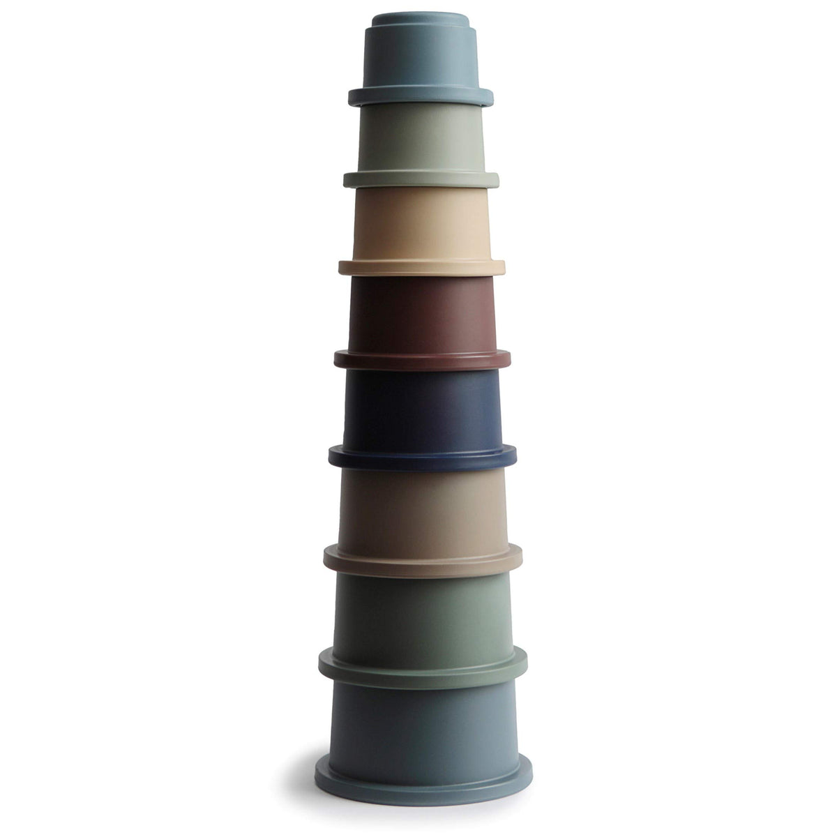 Mushie forest stacking cups set for safe, colorful play that encourages sorting and grasping.