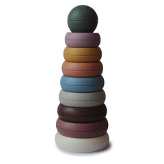 Mushie Stacking Rings toy closeup shows safe BPA-free rings for early grasping