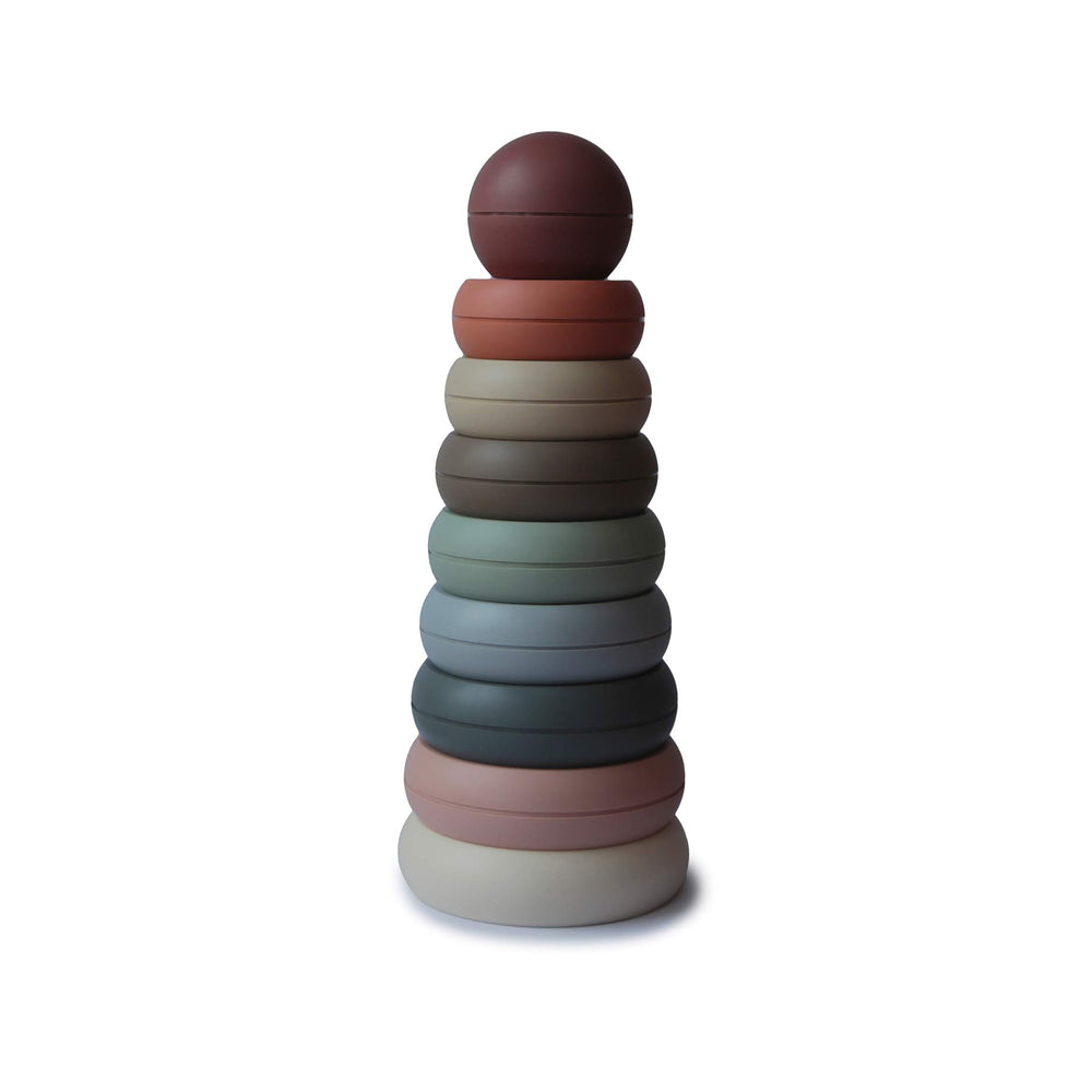 Mushie Stacking Rings Toy package in pastel hues for safe sensory exploration