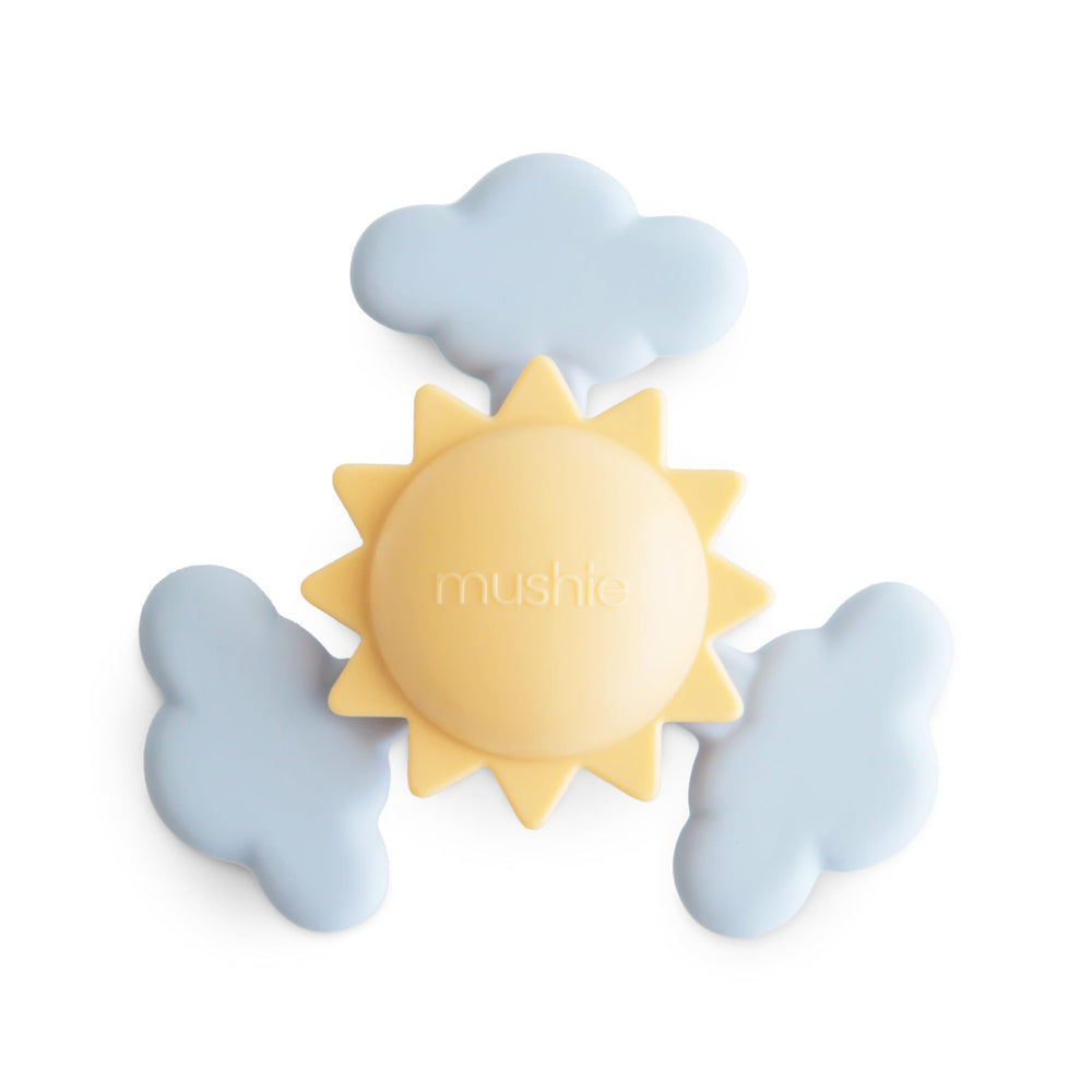 Mushie Sunshine suction spinner toy with colorful clouds spinning for engaging sensory play