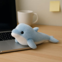 Mushymallow dolphin plush compact enough for desk, car, and bag use.