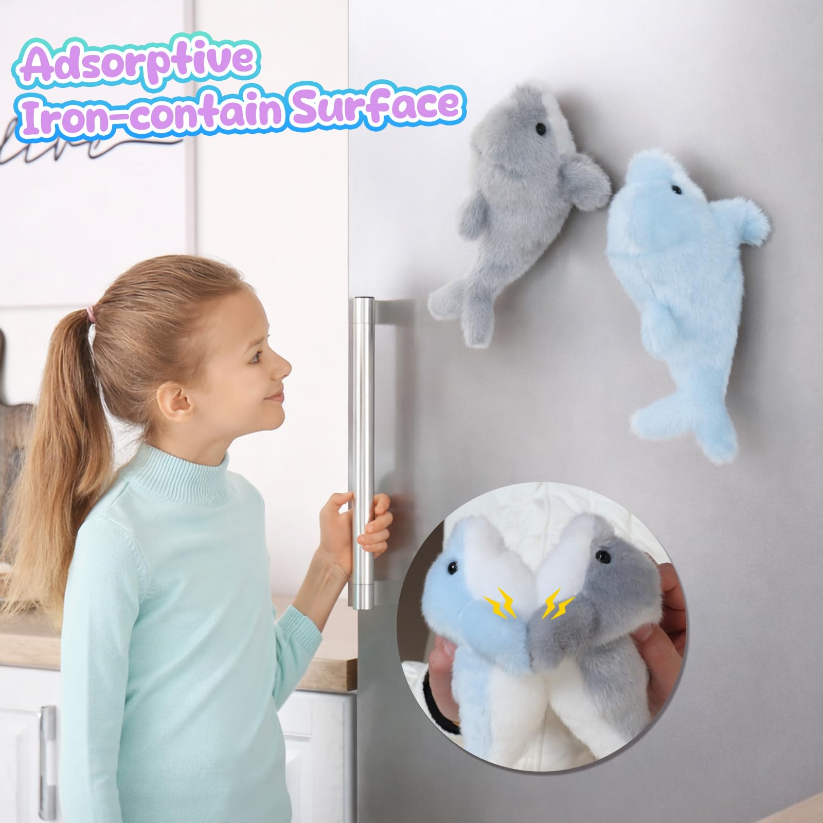 Mushymallow dolphin plush magnetic fins for easy attachment to metal surfaces.