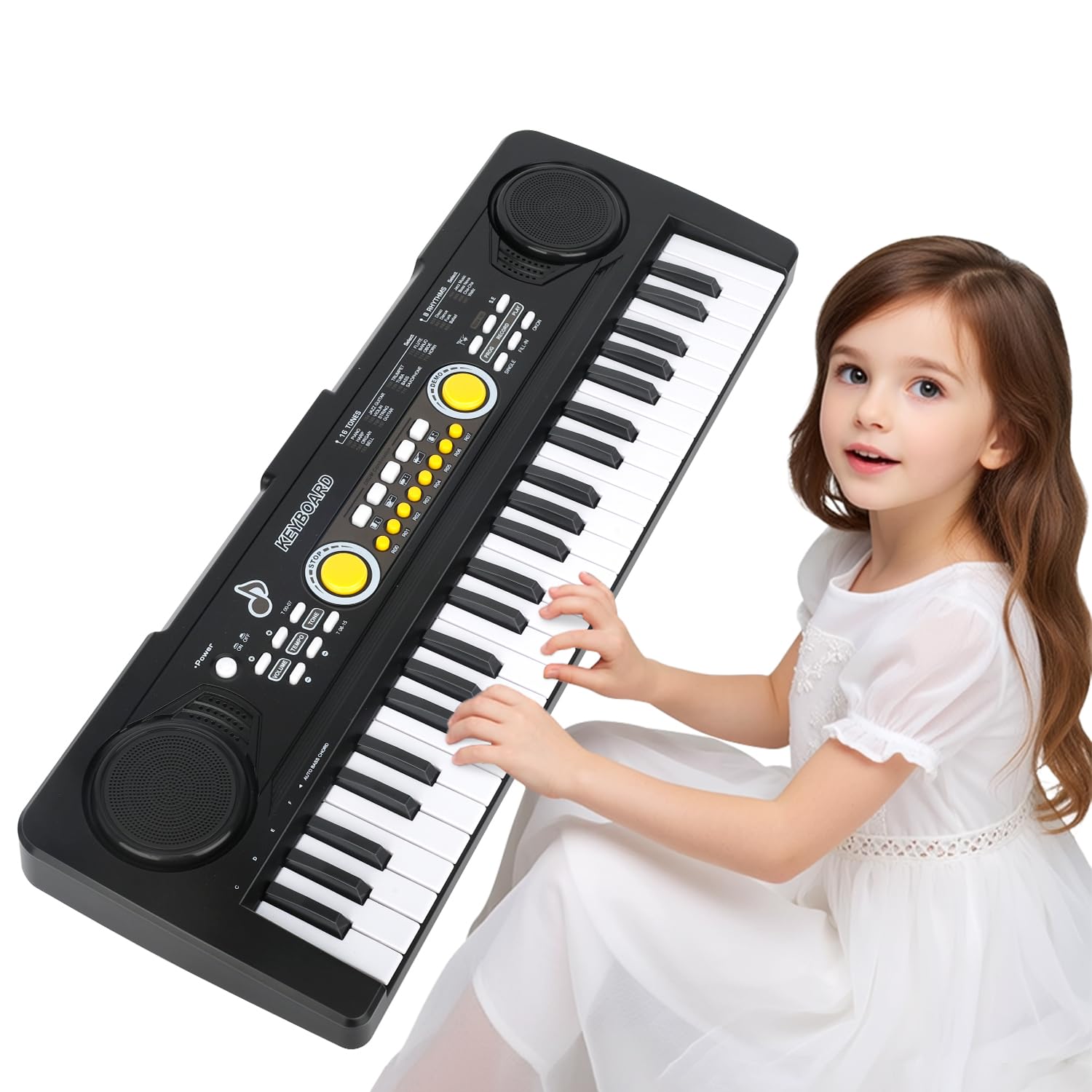 MusicForset Kids Piano Keyboard front view shows 49 keys for beginner-friendly play