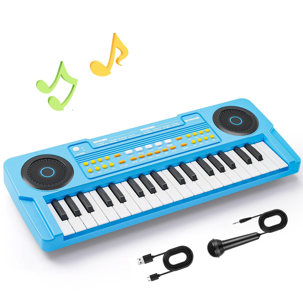 MusicForset 37-key kids piano blue front view highlights kid-friendly size for easy play