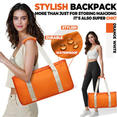 MUTEX American Mahjong orange traveler bag emphasizing portability and storage.