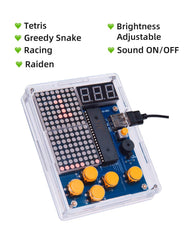 MUXWELL DIY Console assembled unit demonstrates four retro games in a protective case.