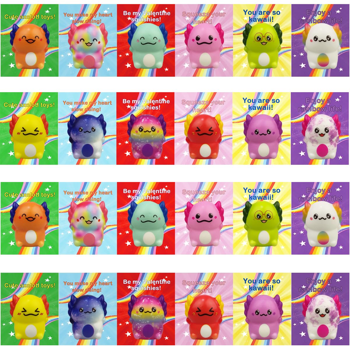 Muyiz axolotl slow rising squishies in assorted colors, perfect for sensory play.