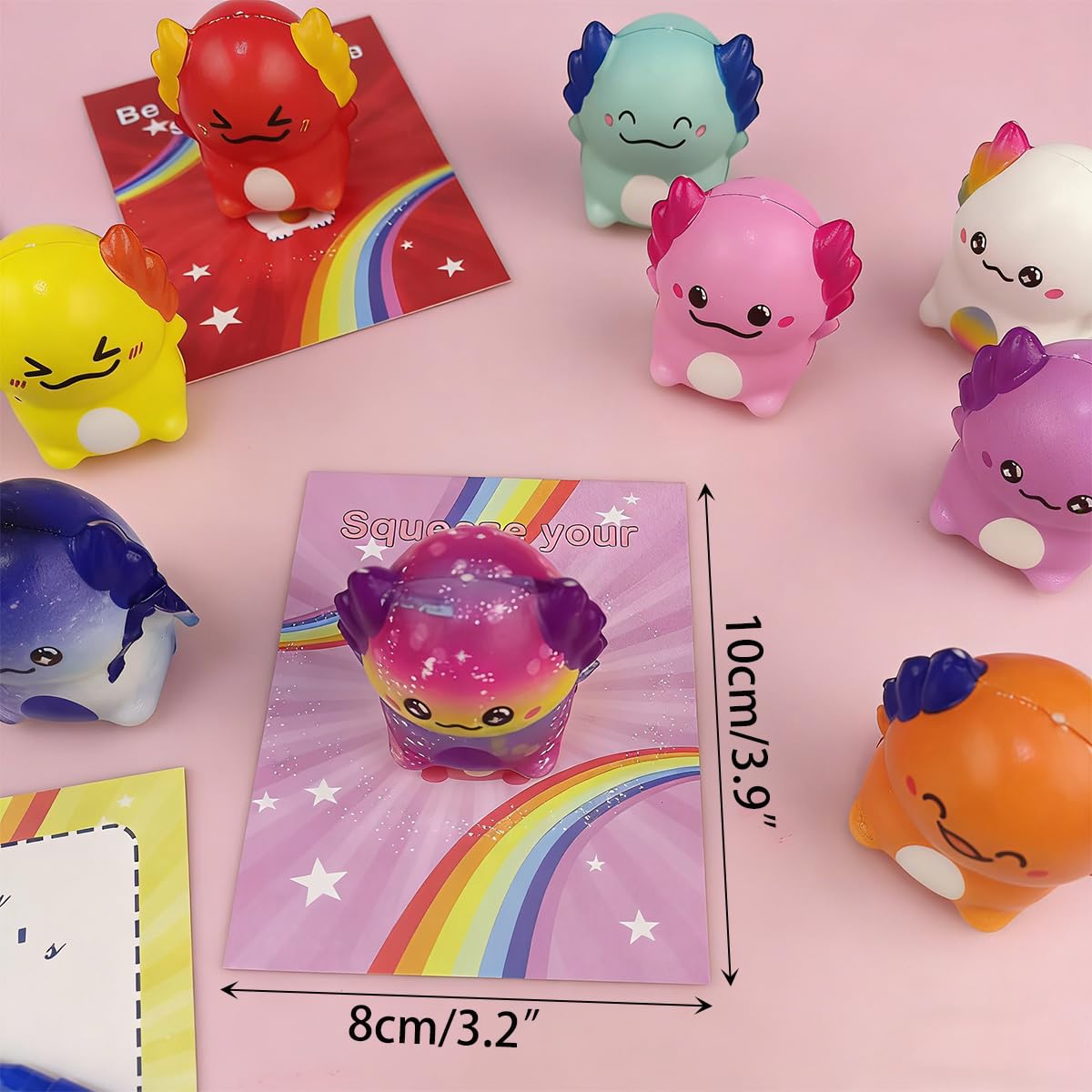 Classroom prizes idea from Muyiz with colorful axolotl squishies and cards.