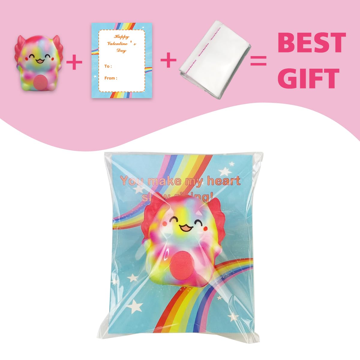 Muyiz Valentines cards in six colors accompanying the squishy set for classroom gifting.