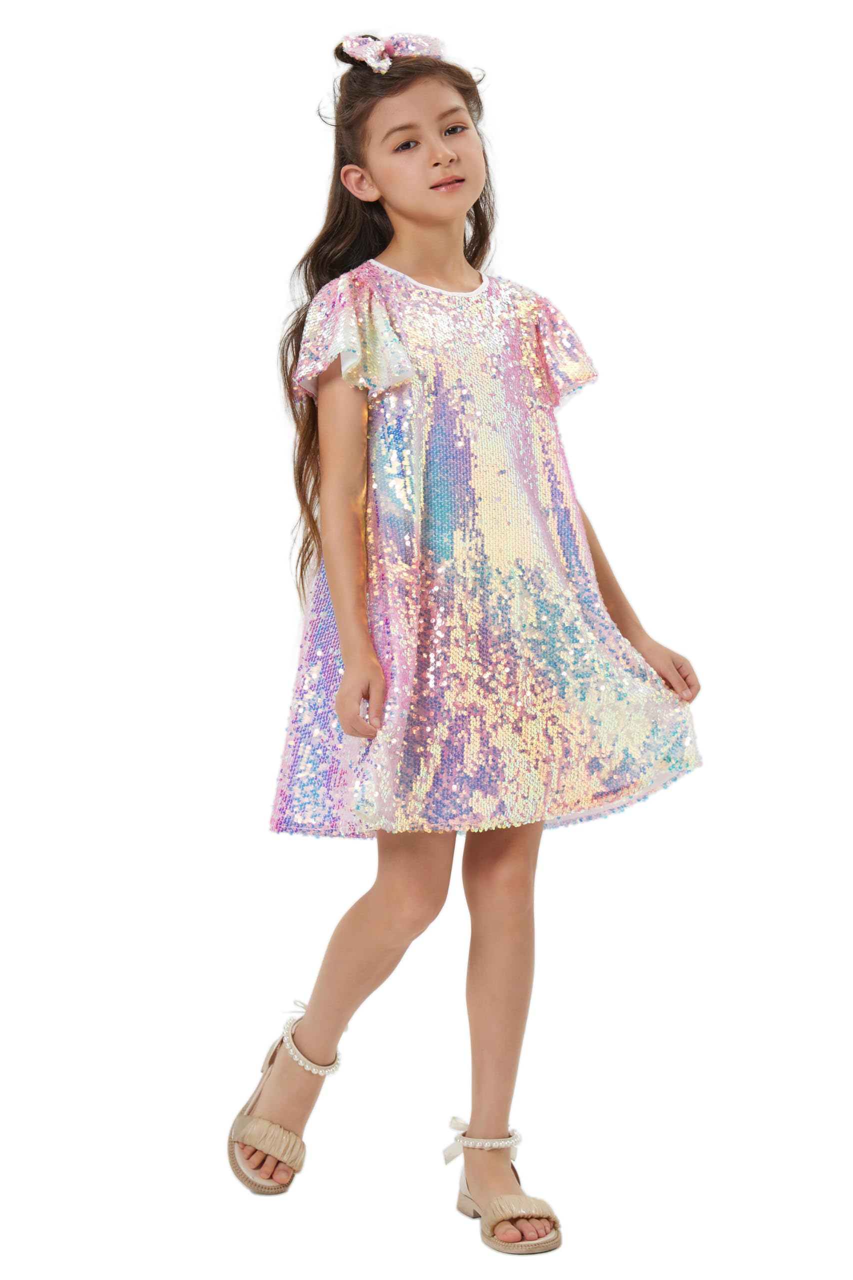 Muztagata Girls Sequin Dress, back view, shimmering detailing.