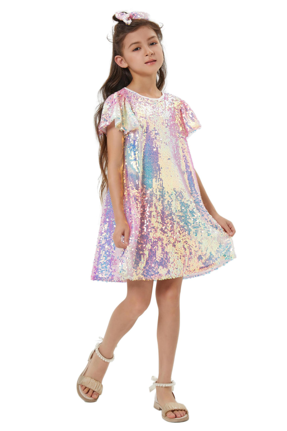 Muztagata Girls Sequin Dress, back view, shimmering detailing.