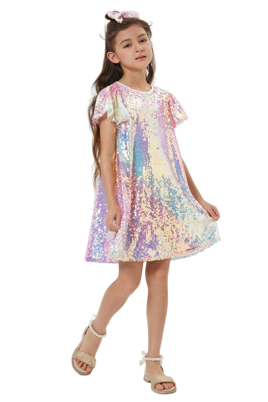 Muztagata Girls Sequin Dress, back view, shimmering detailing.