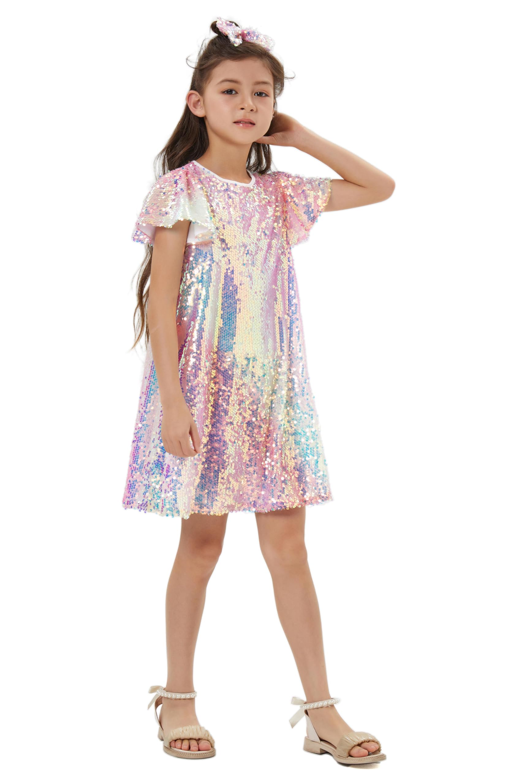 Muztagata Girls Sequin Dress on model during celebration look.