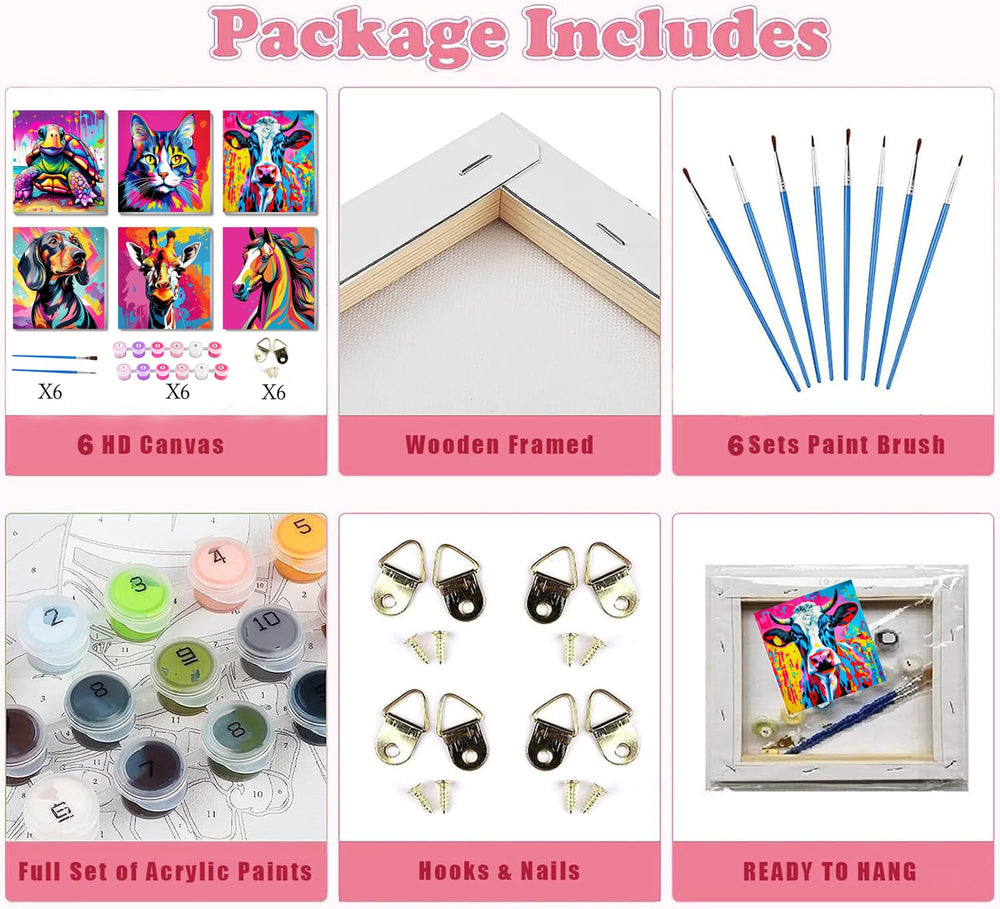 MXCFZX six-pack paint-by-number kits 8x8, includes all materials for beginners.