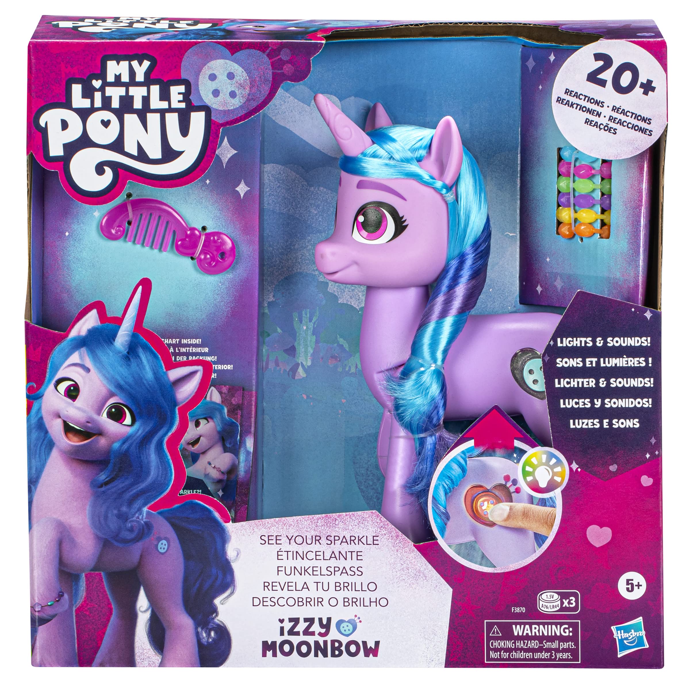 My Little Pony Izzy Moonbow lights up Cutie Mark to reveal sparkle color.