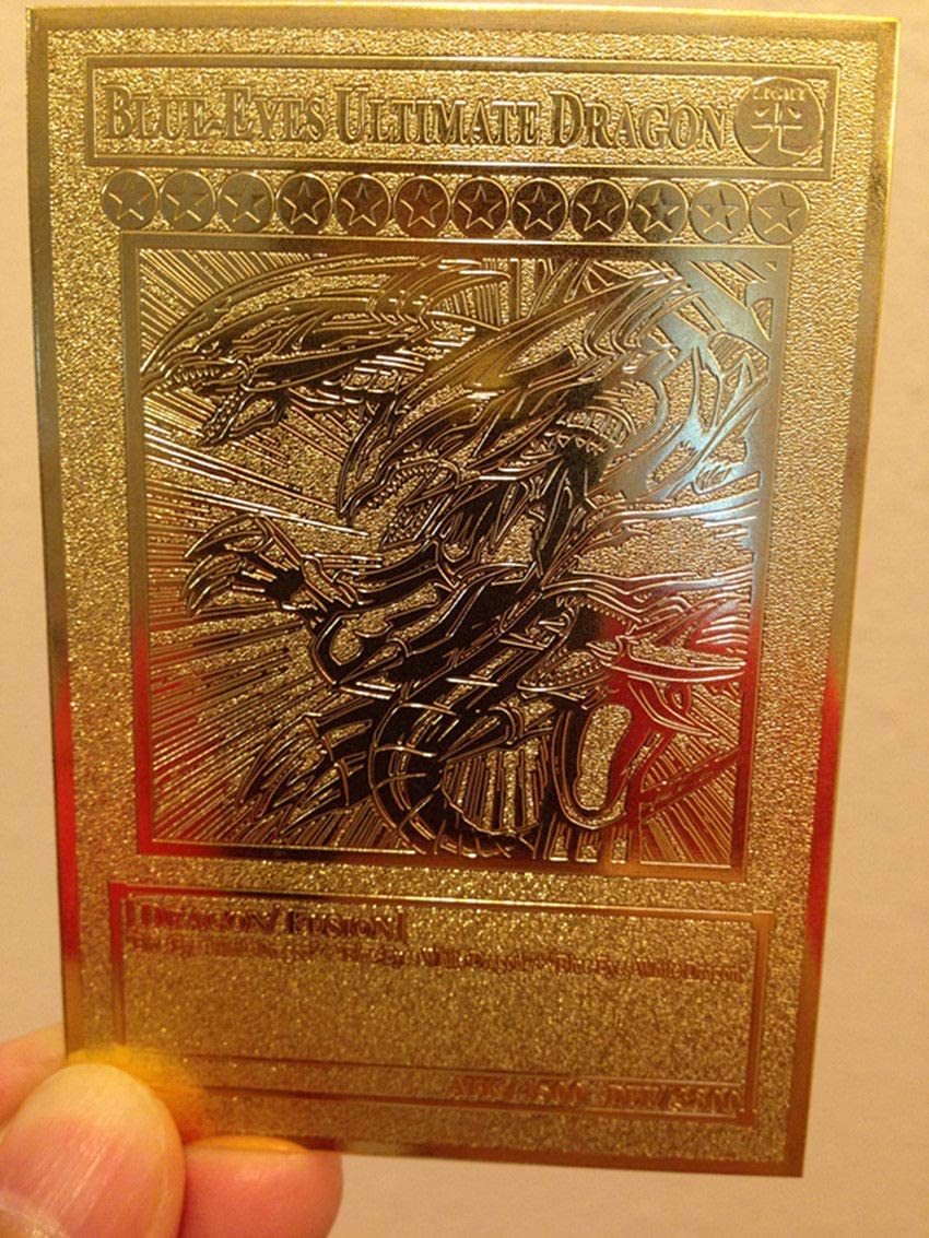 My Pet Elephant Blue-Eyes Ultimate Dragon gold metal card front, laser-etched with premium craftsmanship for display.