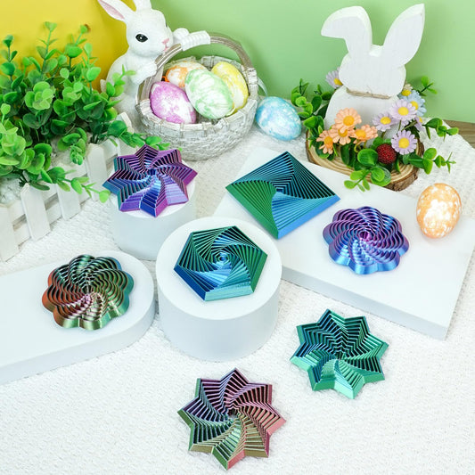 Mydhall fractal fidget octagon-star in red-green offers tactile relief during focused tasks.