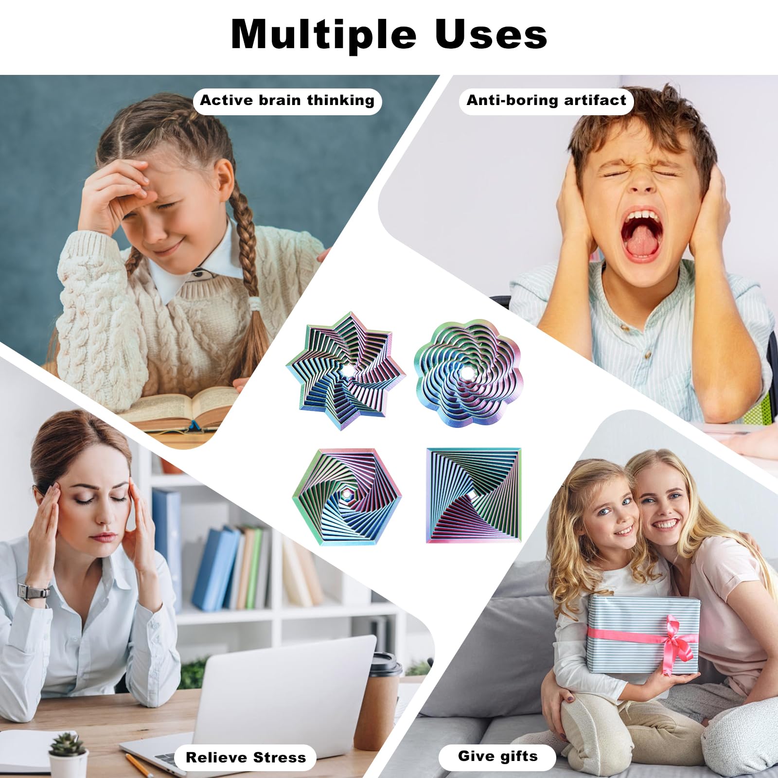 Mydhall fractal fidget square with red-green hues supports stress relief and desk focus.