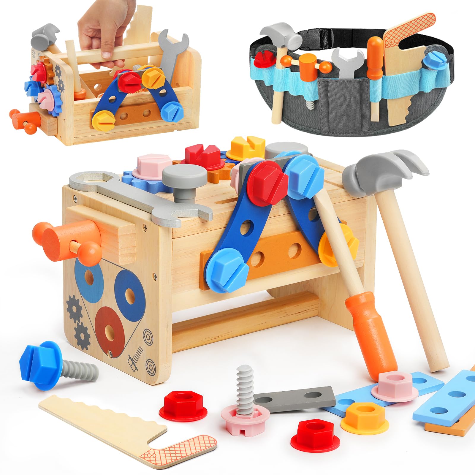 Myfolrena wooden tool set with belt in action for tidy pretend play and organization.