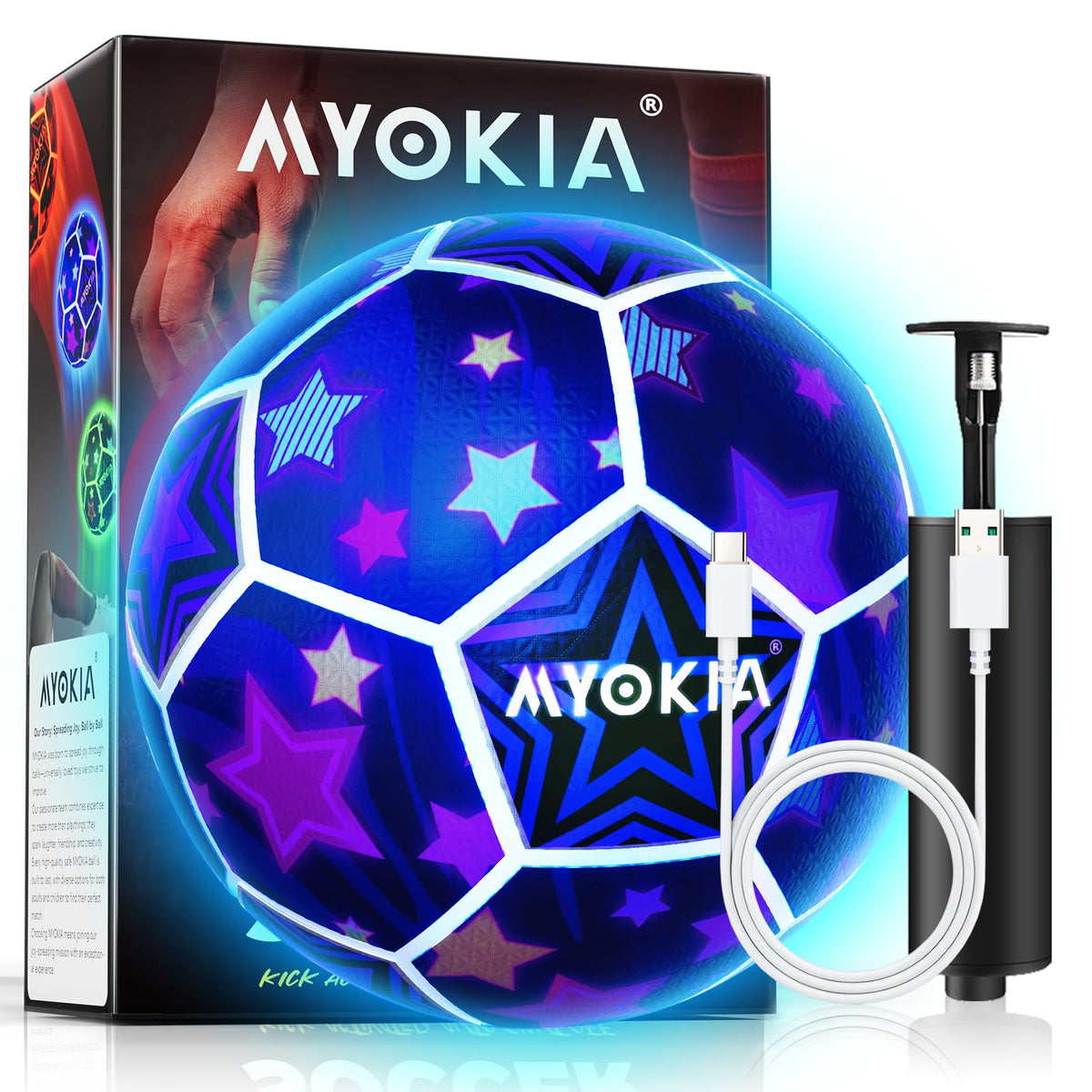 MYOKIA light-up soccer ball with RGB glow for nighttime outdoor play.
