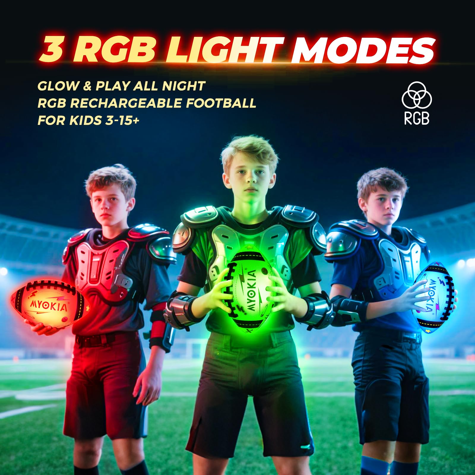 MYOKIA RGB LED color cycle enhances night-time action and visibility.