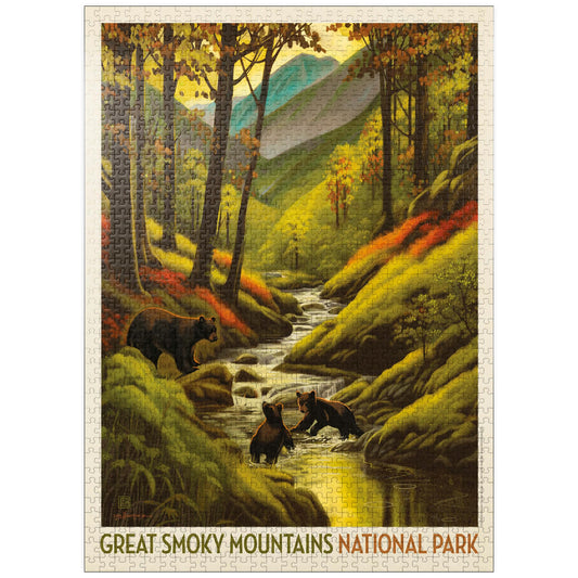 MyPuzzle Great Smoky Mountains Splashing Cubs poster shows vibrant colors for immersive evenings